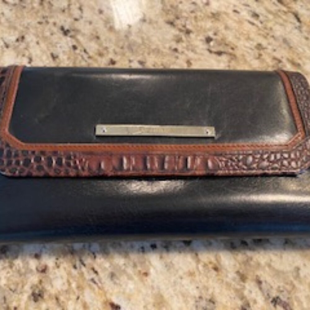 Brahmin Leather Tri-Fold Checkbook Wallet - Black with brown Croc Embossed